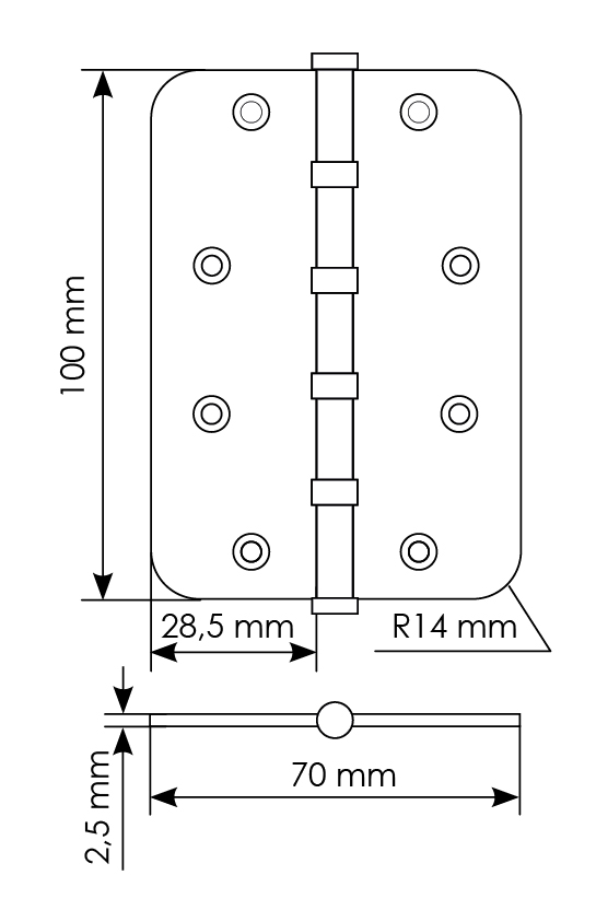 Петля стальная MSN-C 100X70X2.5-4BB SG скругленная универсальная с подшипником, вес полотна до 40 кг, цвет матовое золото фото купить в Воронеже